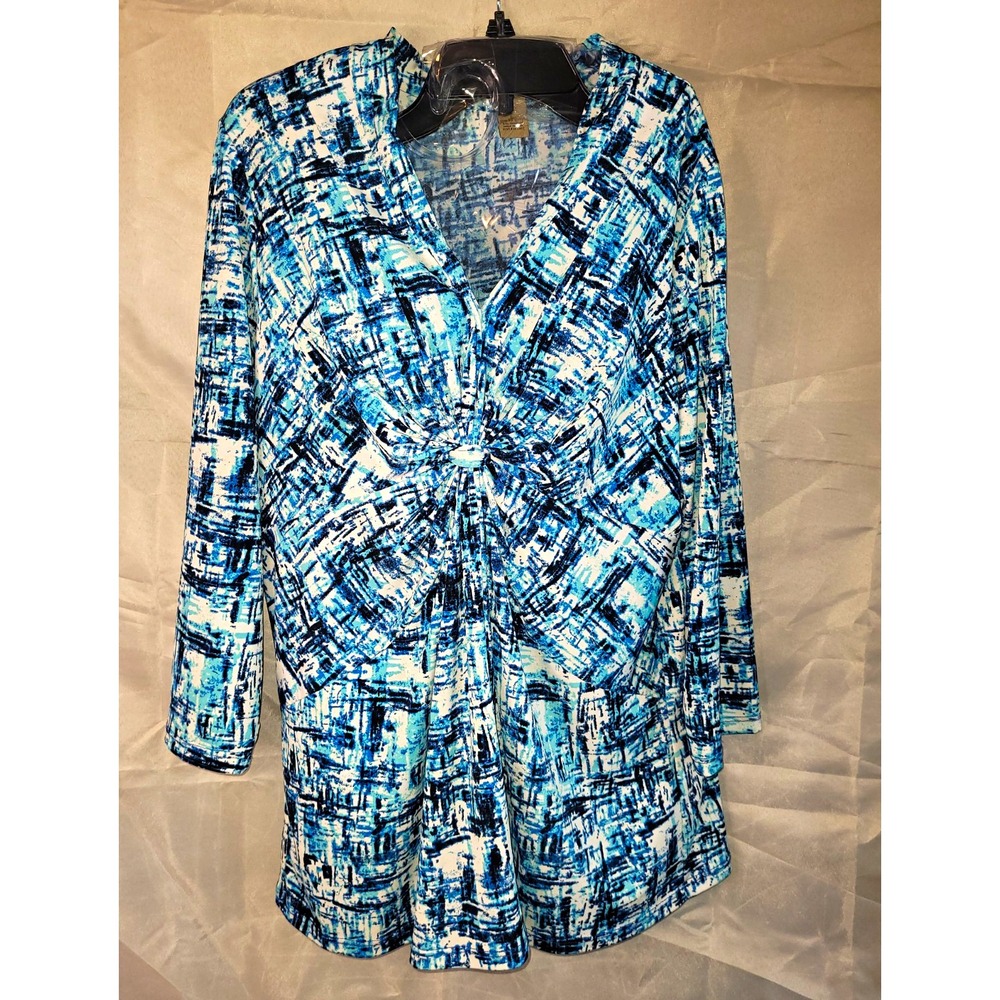 Peck & Peck Weekend Womens L Blue Abstract V-Neck 3/4 Sleeve Twist Tunic